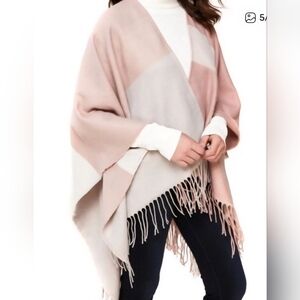 SOIA & KYO Scarfigan Cardigan Sweater Womens One Size OS Pink Beige Plaid Fringe
